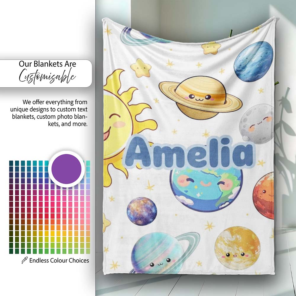 Solar System Planets Smiling Sun Earth Saturn Seamless White Personalised Custom Name Super Soft Fleece Blanket Bed Sofa Throw
