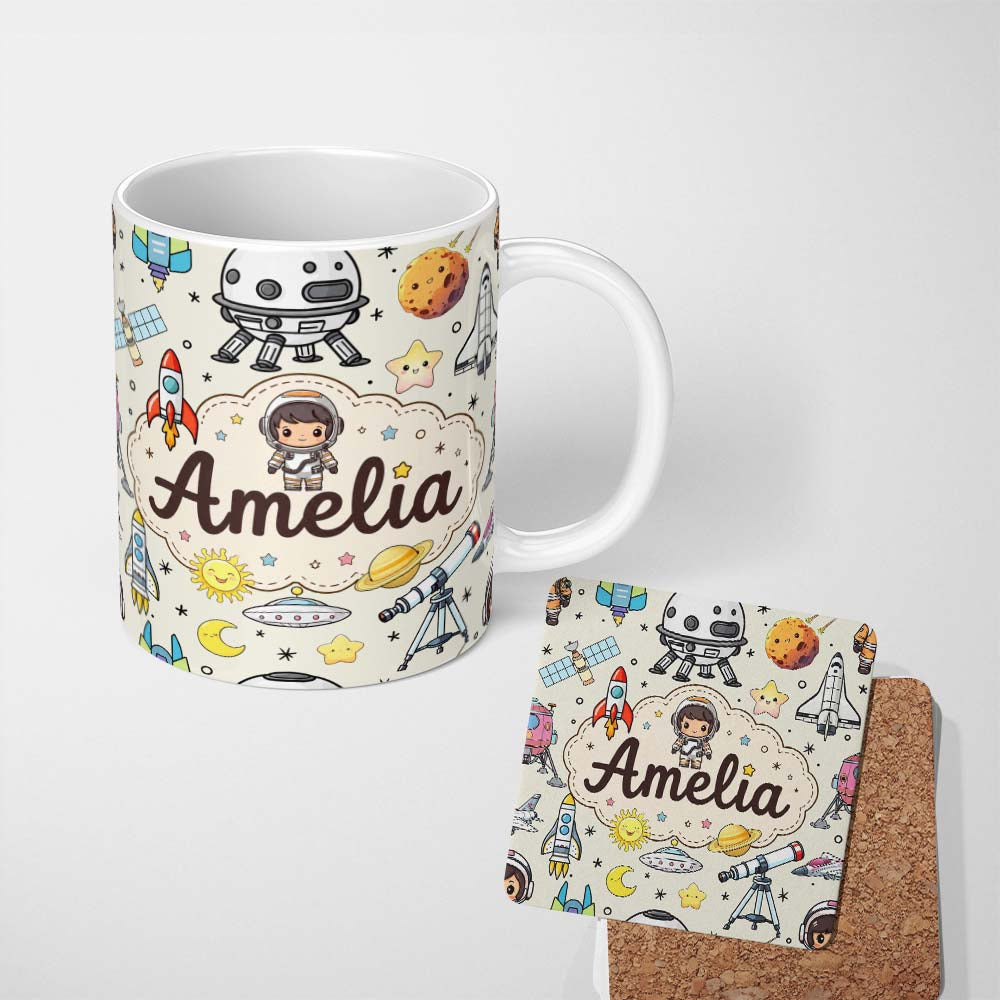 Personalized Custom Name Space Astronaut Rockets UFO Telescope Seamless Beige Background 11oz Ceramic Coffee Tea Mug White Large Handle