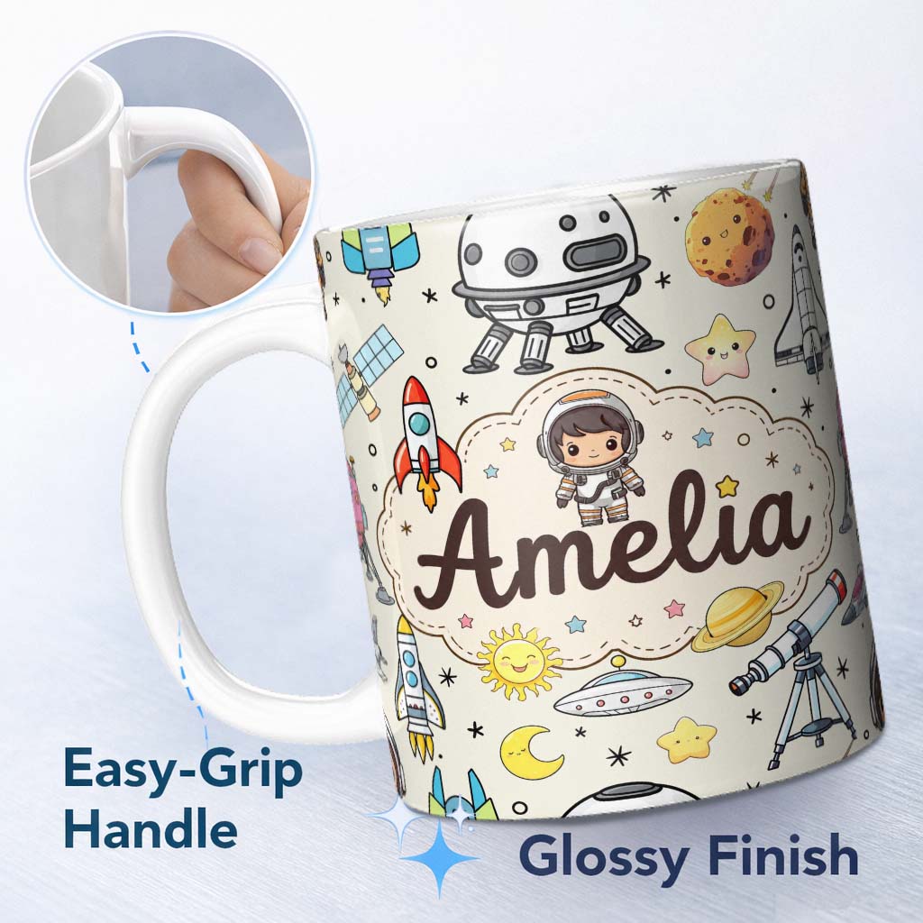 Personalized Custom Name Space Astronaut Rockets UFO Telescope Seamless Beige Background 11oz Ceramic Coffee Tea Mug White Large Handle