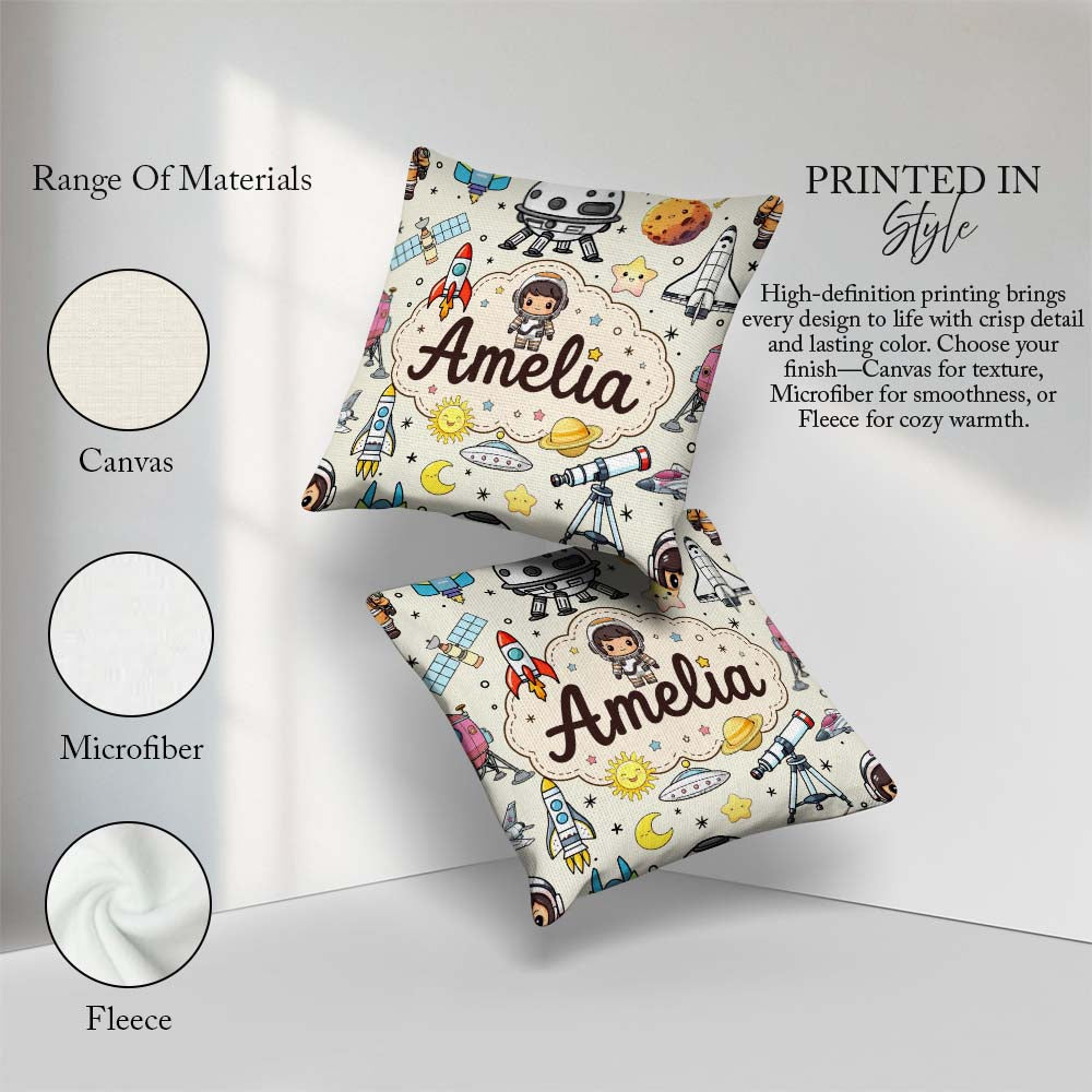 Custom Name Space Astronaut Rockets UFO Telescope Seamless Beige Square Filled Cushion Throw Pillow Sofa Bed Home Decor Zip Washable UK Made