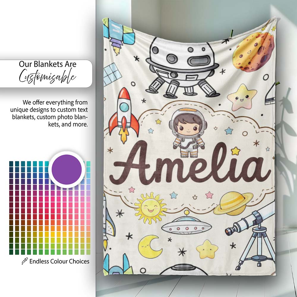 Space Astronaut Rockets UFO Telescope Seamless Beige Background Personalised Custom Name Super Soft Fleece Blanket Bed Sofa Throw