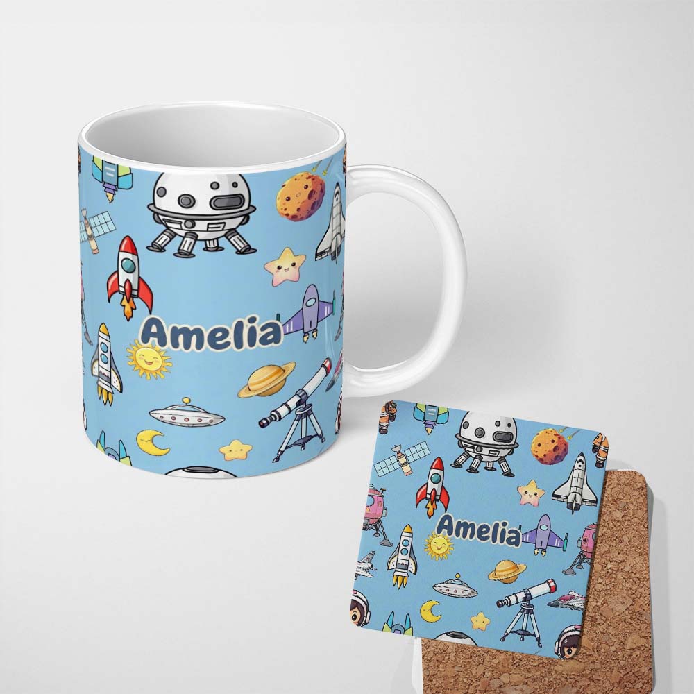 Personalized Custom Name Space Astronaut Rockets UFO Telescope Seamless Blue Background Name 11oz Ceramic Coffee Tea Mug White Large Handle