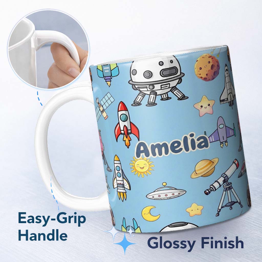 Personalized Custom Name Space Astronaut Rockets UFO Telescope Seamless Blue Background Name 11oz Ceramic Coffee Tea Mug White Large Handle