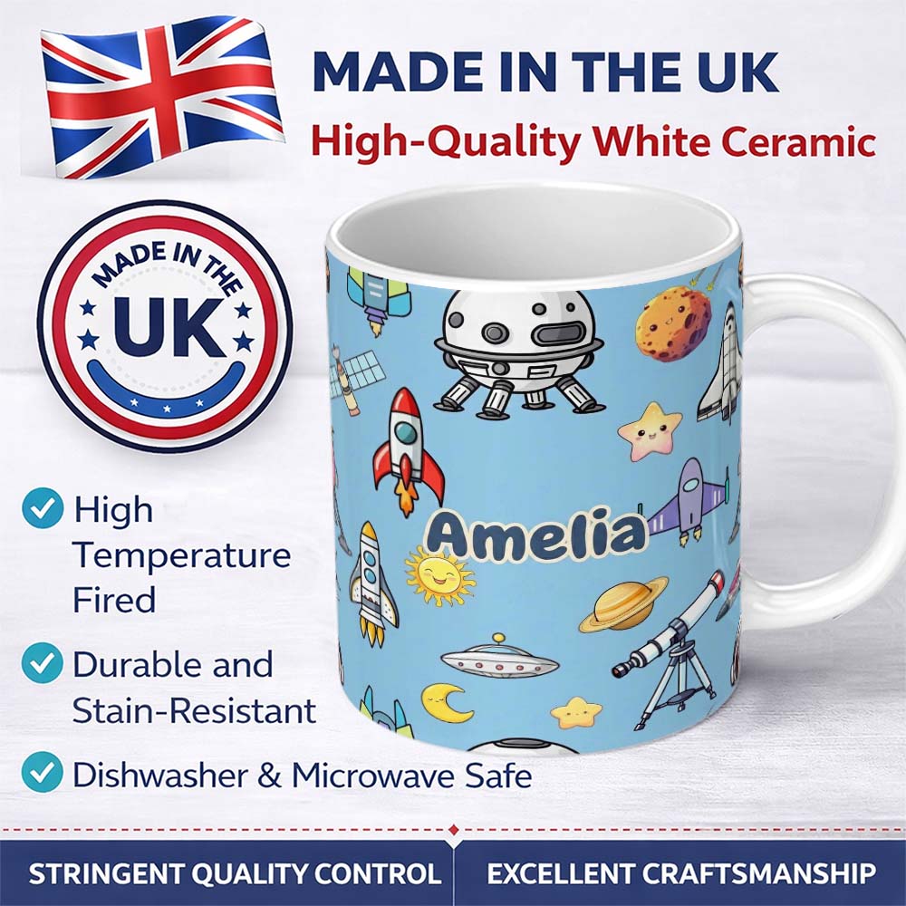 Personalized Custom Name Space Astronaut Rockets UFO Telescope Seamless Blue Background Name 11oz Ceramic Coffee Tea Mug White Large Handle