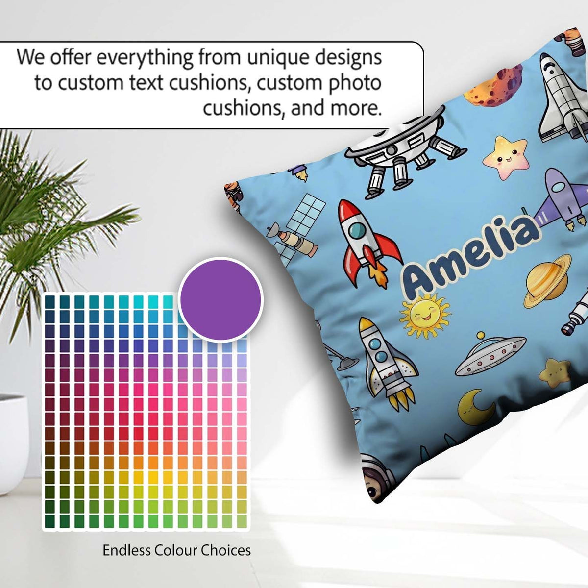 Custom Name Space Astronaut Rockets UFO Seamless Blue Background Square Filled Cushion Throw Pillow Sofa Bed Home Decor Zip Washable UK Made
