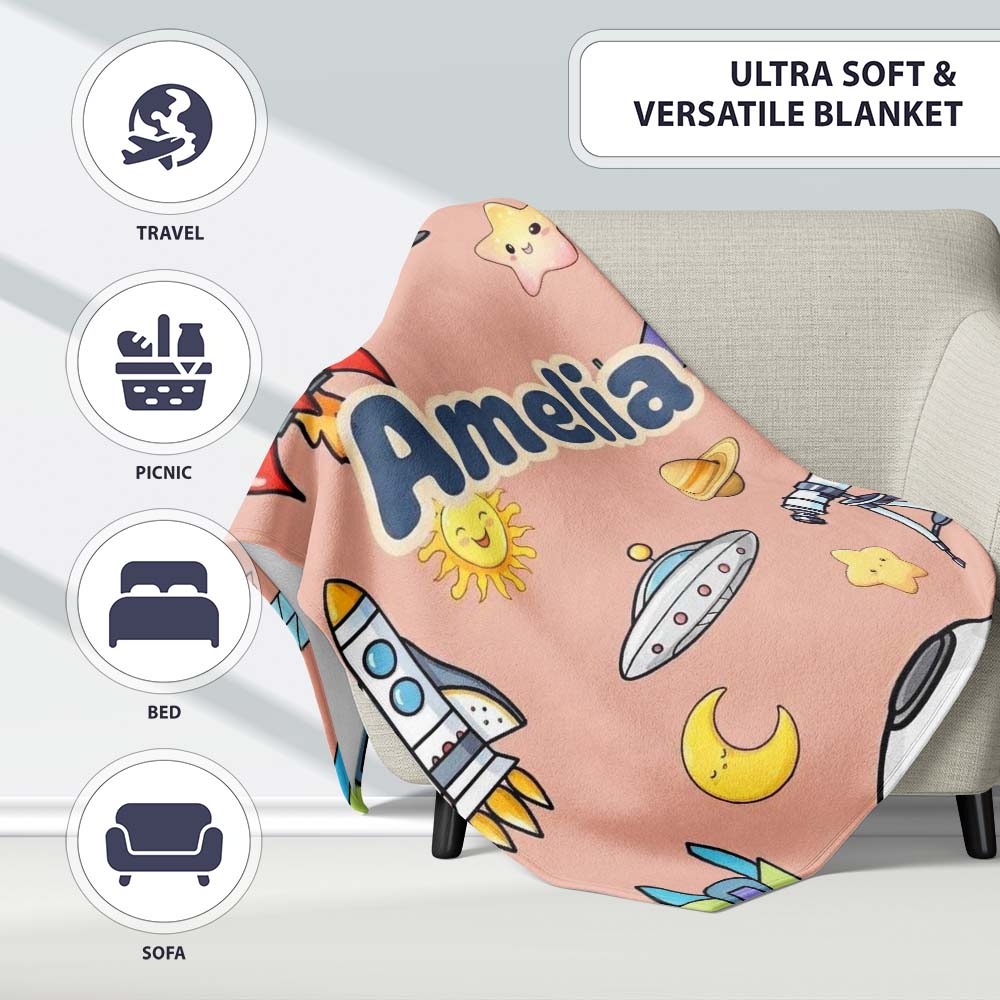 Space Astronaut Rockets UFO Telescope Seamless Peach Background Personalised Custom Name Super Soft Fleece Blanket Bed Sofa Throw