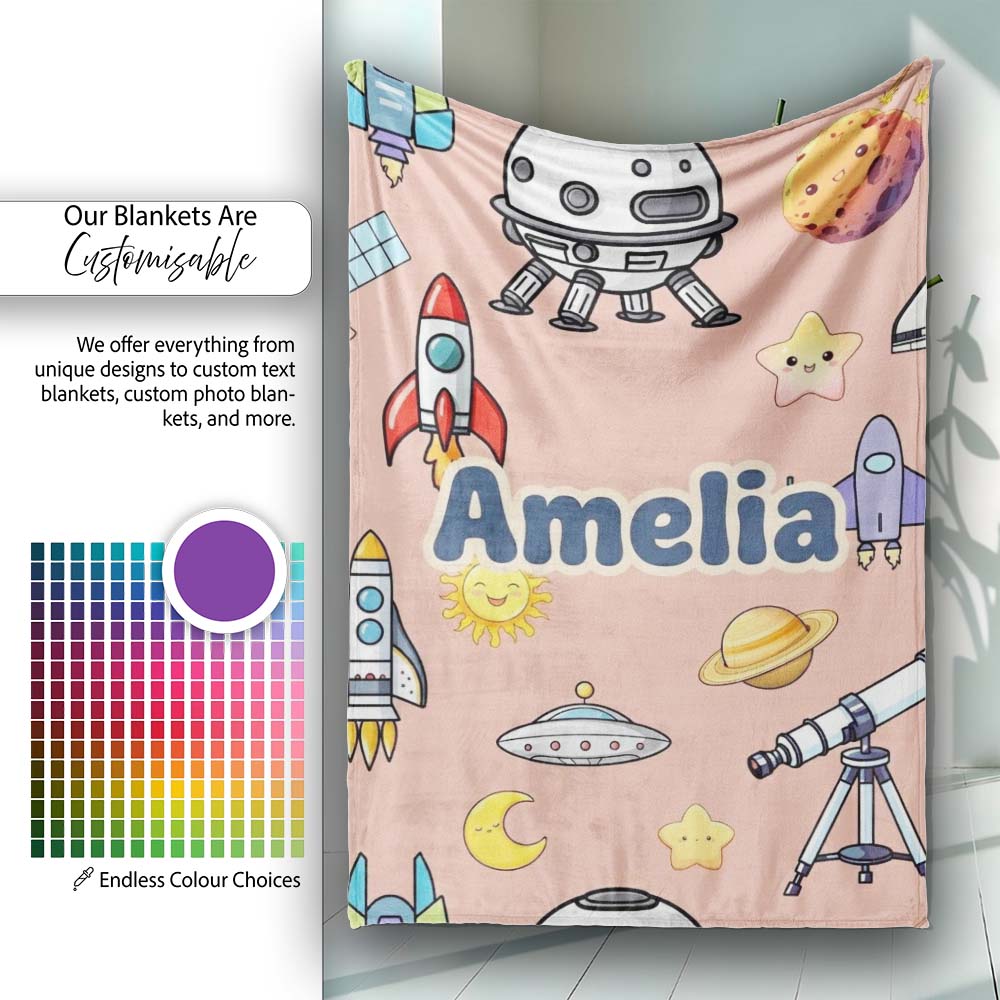 Space Astronaut Rockets UFO Telescope Seamless Peach Background Personalised Custom Name Super Soft Fleece Blanket Bed Sofa Throw