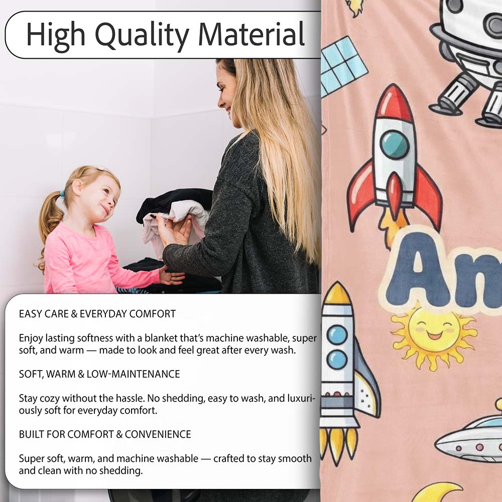 Space Astronaut Rockets UFO Telescope Seamless Peach Background Personalised Custom Name Super Soft Fleece Blanket Bed Sofa Throw