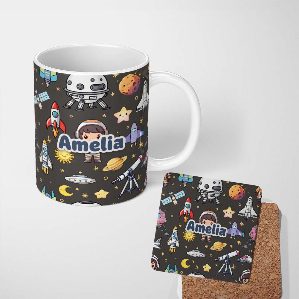 Personalized Custom Name Space Astronaut Rockets UFO Telescope Seamless Dark Grey Background 11oz Ceramic Coffee Tea Mug White Large Handle