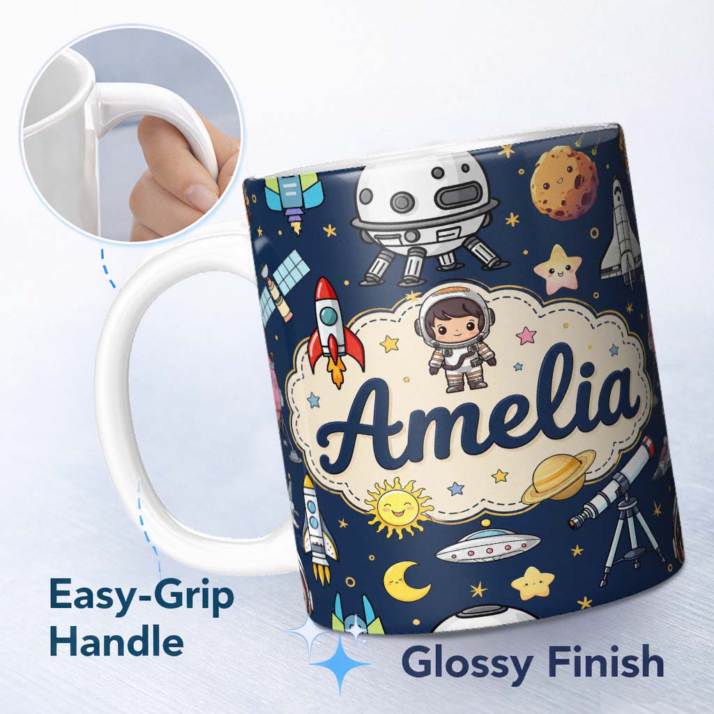 Personalized Custom Name Space Astronaut Rockets UFO Telescope Seamless Navy Blue Background 11oz Ceramic Coffee Tea Mug White Large Handle
