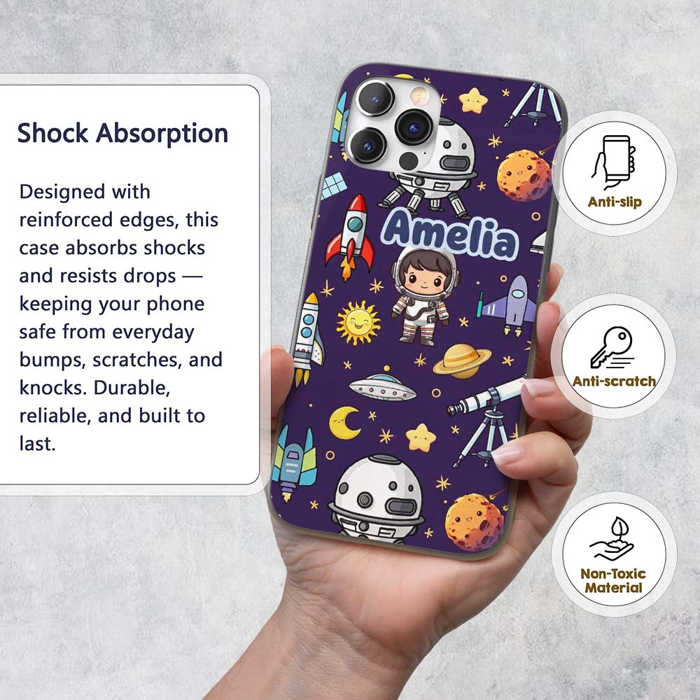 Space Astronaut Rockets UFO Telescope Seamless Custom Name Protective Phone Case Mobile Cover Durable Everyday Smartphone Shock Resistant