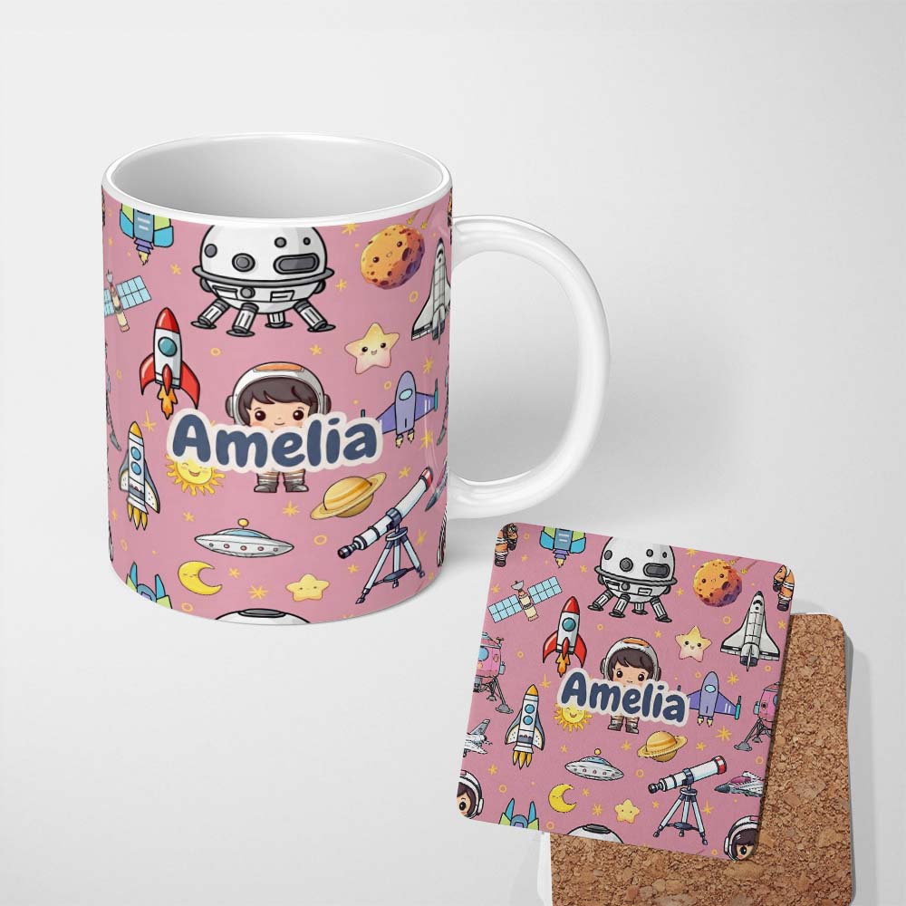 Personalized Custom Name Space Astronaut Rockets UFO Telescope Seamless Pink Background Name 11oz Ceramic Coffee Tea Mug White Large Handle