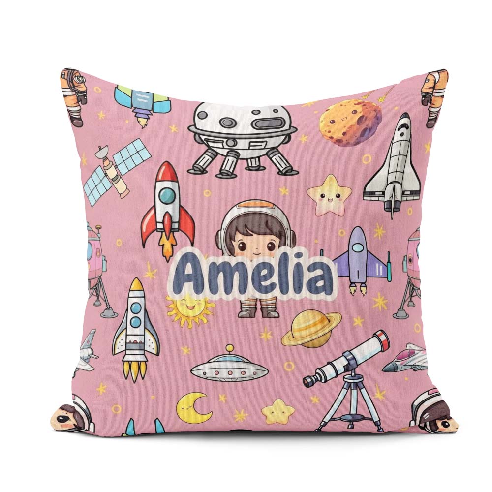 Custom Name Space Astronaut Rockets UFO Seamless Pink Background Square Filled Cushion Throw Pillow Sofa Bed Home Decor Zip Washable UK Made