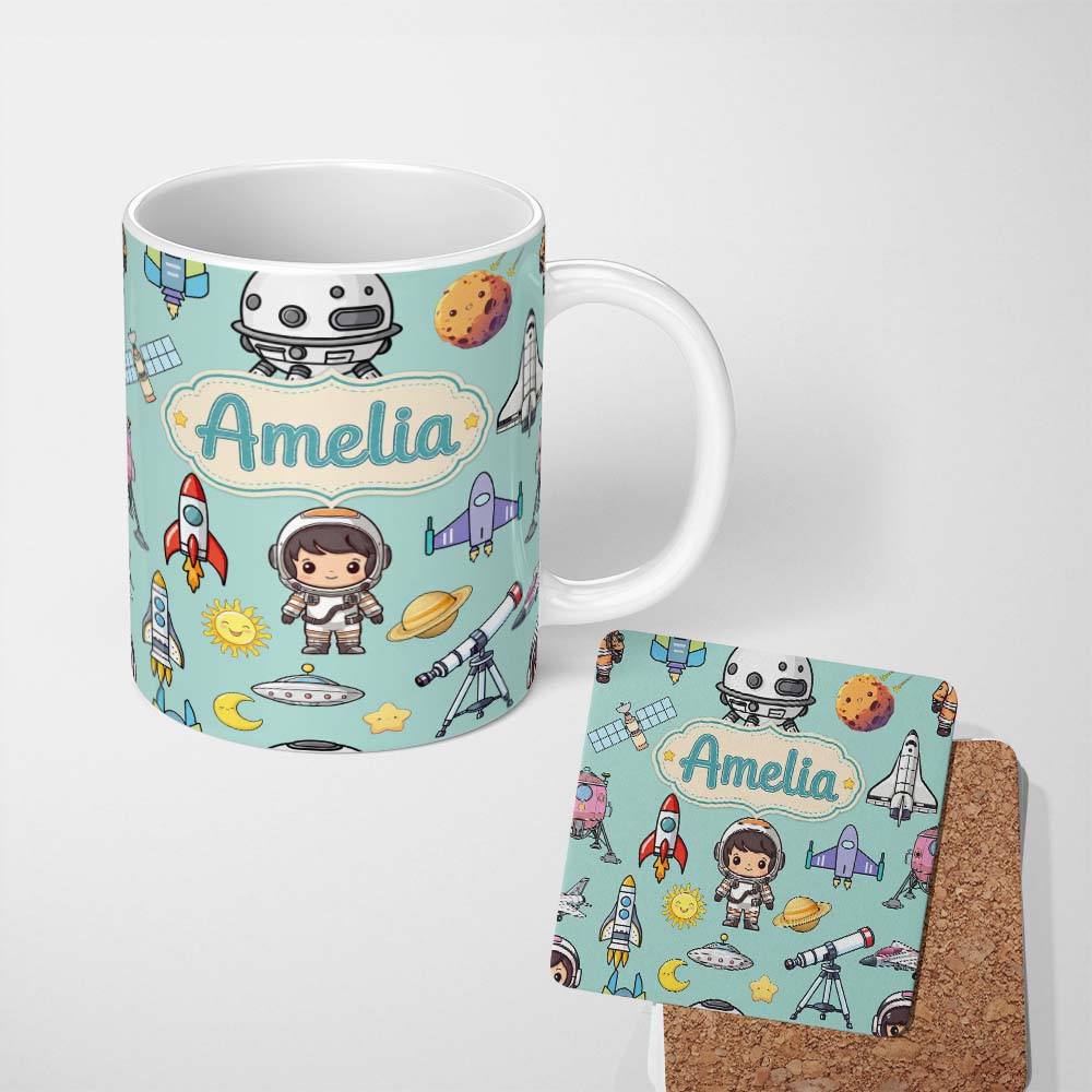 Personalized Custom Name Space Astronaut Rockets UFO Telescope Seamless Mint Green 11oz Ceramic Coffee Tea Mug White Large Handle