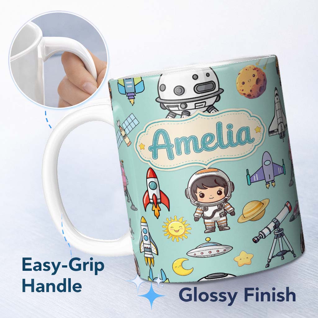Personalized Custom Name Space Astronaut Rockets UFO Telescope Seamless Mint Green 11oz Ceramic Coffee Tea Mug White Large Handle