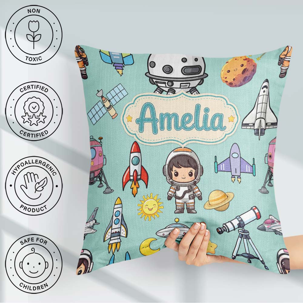 Custom Name Space Astronaut Rockets UFO Telescope Seamless Green Square Filled Cushion Throw Pillow Sofa Bed Home Decor Zip Washable UK Made