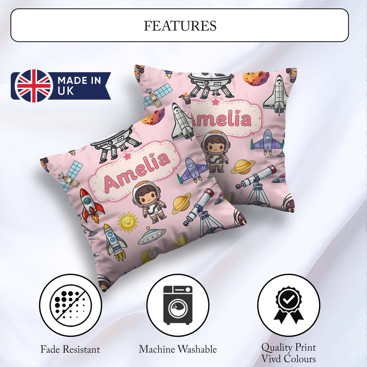 Custom Name Space Astronaut Rockets UFO Telescope Seamless Light Square Filled Cushion Throw Pillow Sofa Bed Home Decor Zip Washable UK Made