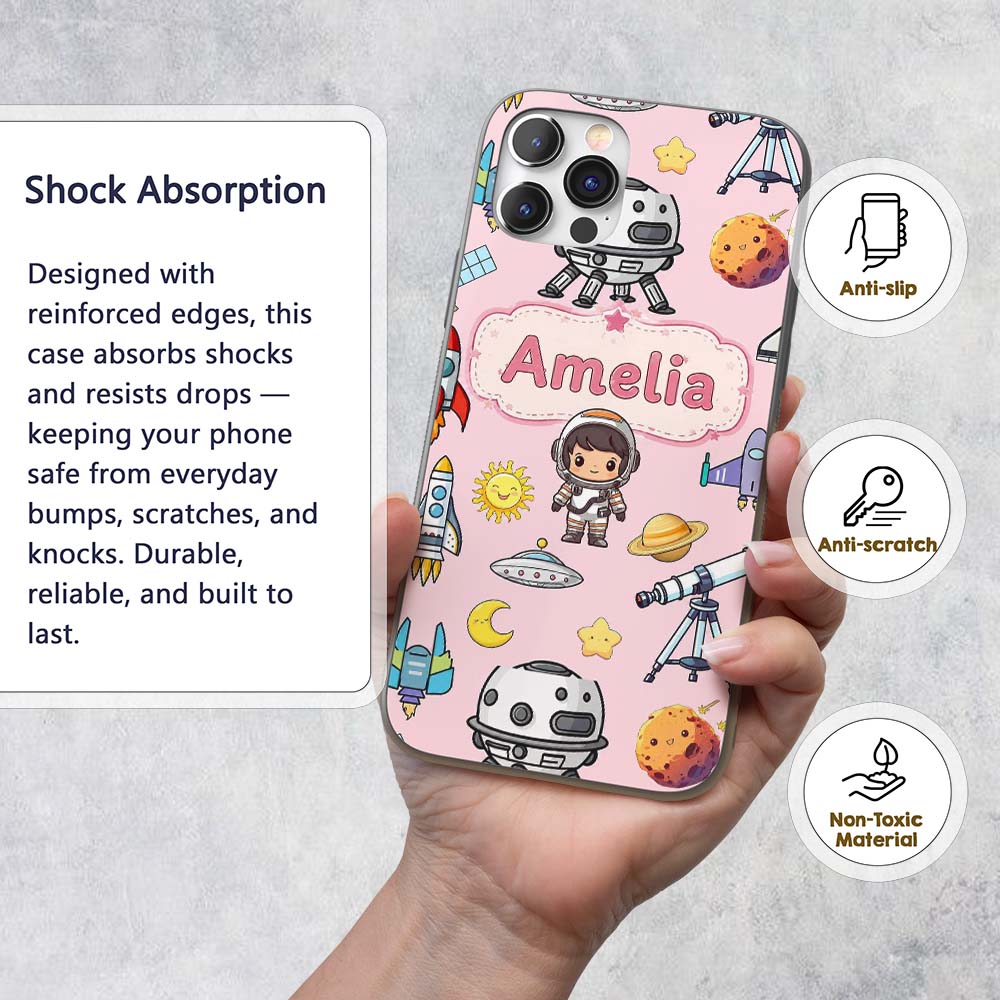 Space Astronaut Rockets UFO Telescope Seamless Custom Name Protective Phone Case Mobile Cover Durable Everyday Smartphone Shock Resistant