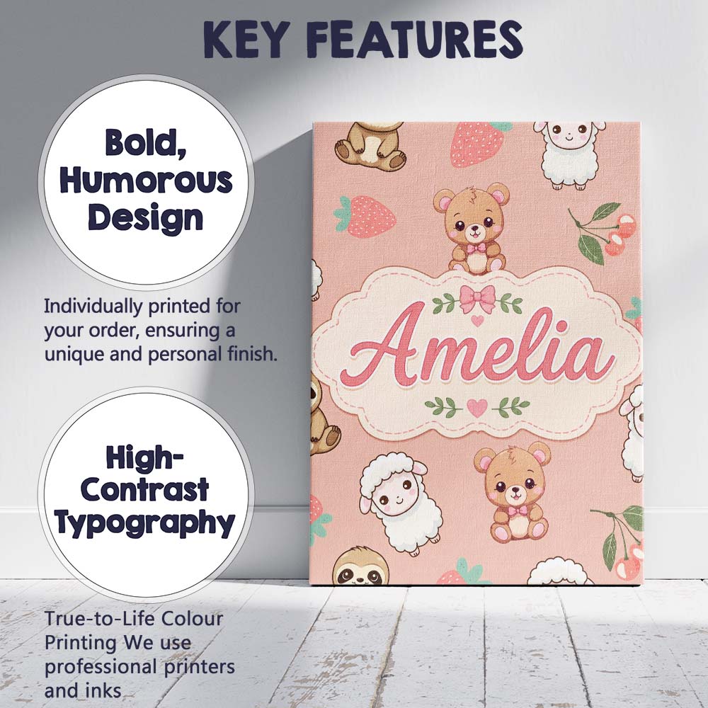 Personalised Name Cute Bear Sloth Lamb Custom Modern Room Accent Elegant Feature Canvas Wall Art Print Decor Picture Ready to Hang