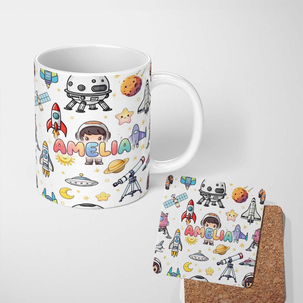 Personalized Custom Name Space Astronaut Rockets UFO Telescope Seamless White Background 11oz Ceramic Coffee Tea Mug White Large Handle