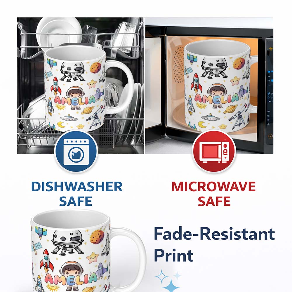 Personalized Custom Name Space Astronaut Rockets UFO Telescope Seamless White Background 11oz Ceramic Coffee Tea Mug White Large Handle