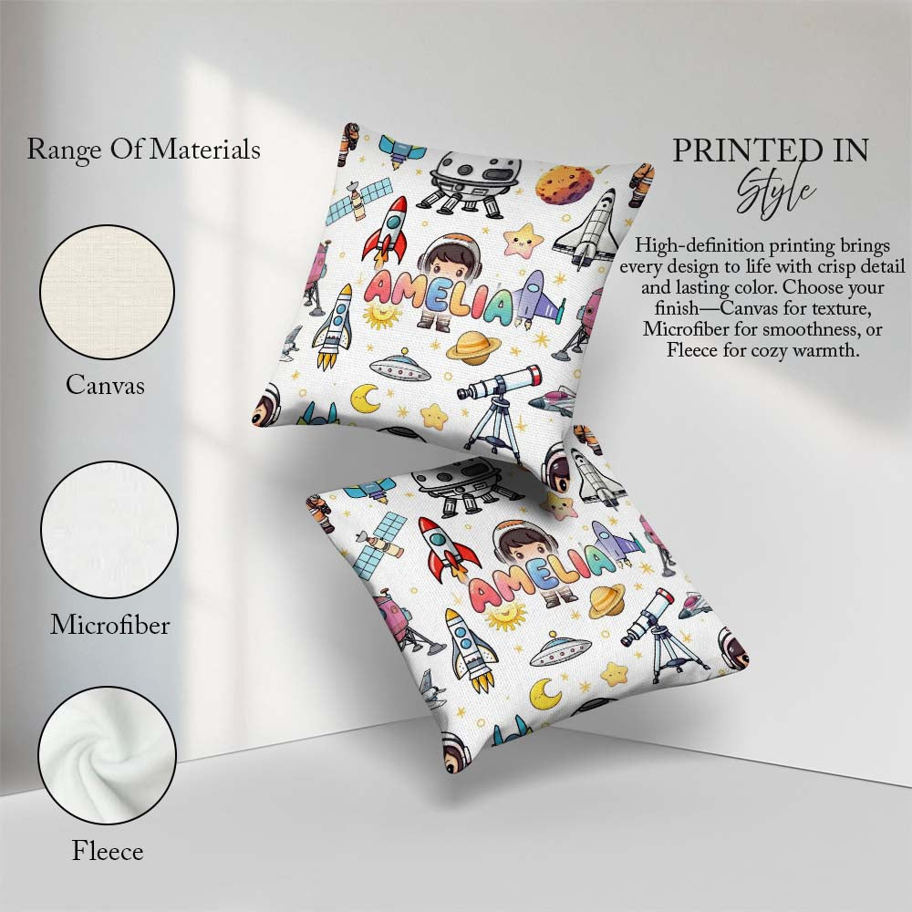 Custom Name Space Astronaut Rockets UFO Telescope Seamless White Square Filled Cushion Throw Pillow Sofa Bed Home Decor Zip Washable UK Made