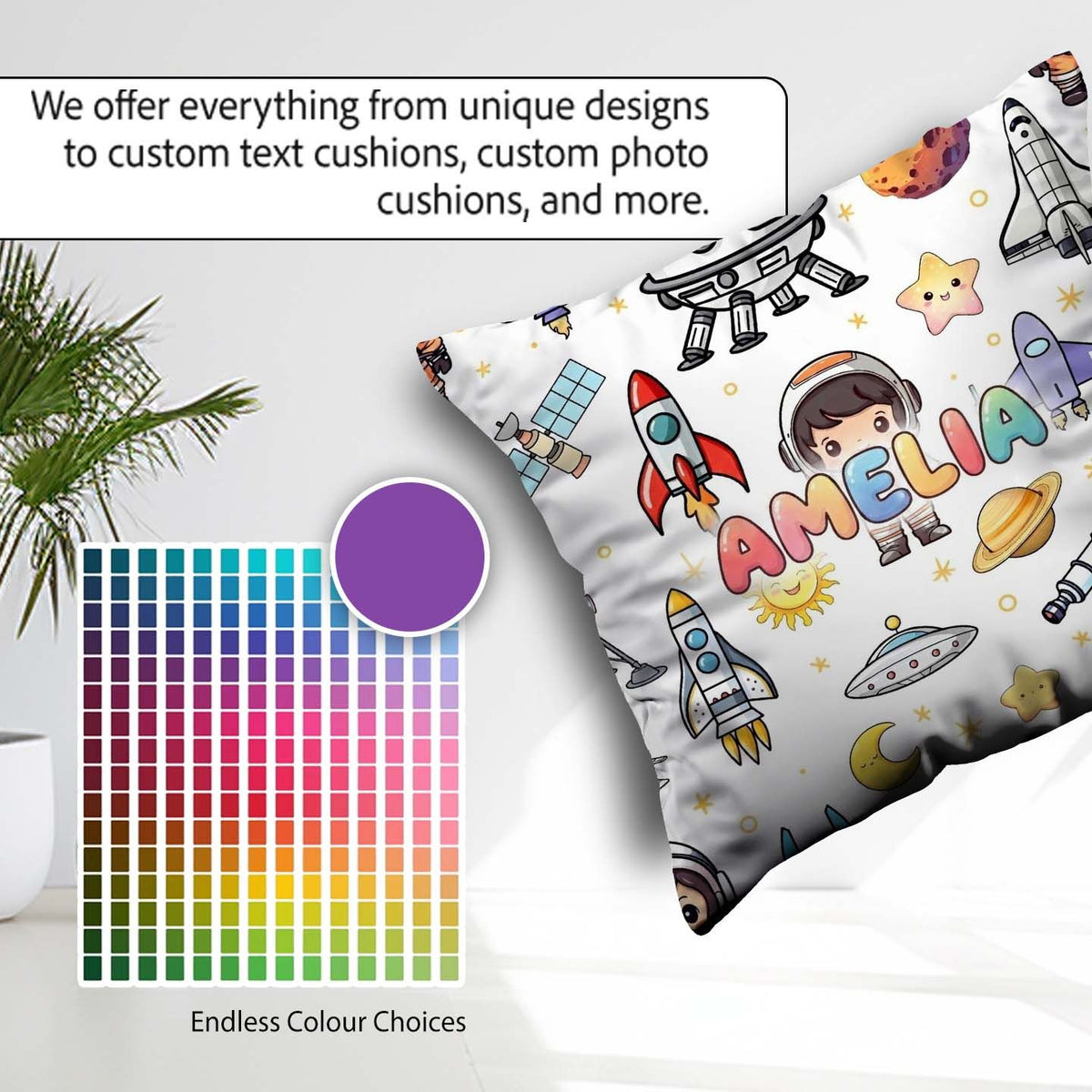 Custom Name Space Astronaut Rockets UFO Telescope Seamless White Square Filled Cushion Throw Pillow Sofa Bed Home Decor Zip Washable UK Made