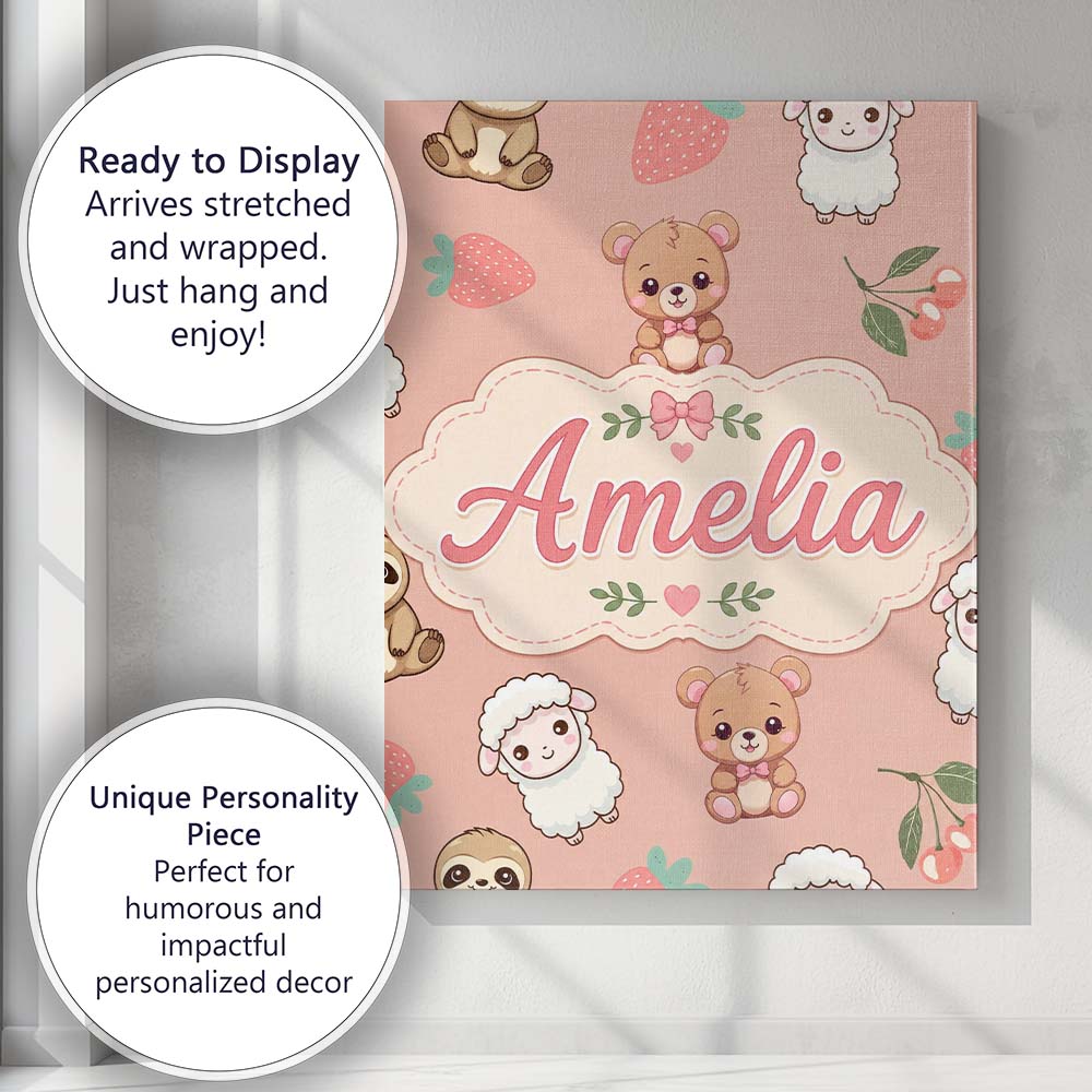 Personalised Name Cute Bear Sloth Lamb Custom Modern Room Accent Elegant Feature Canvas Wall Art Print Decor Picture Ready to Hang