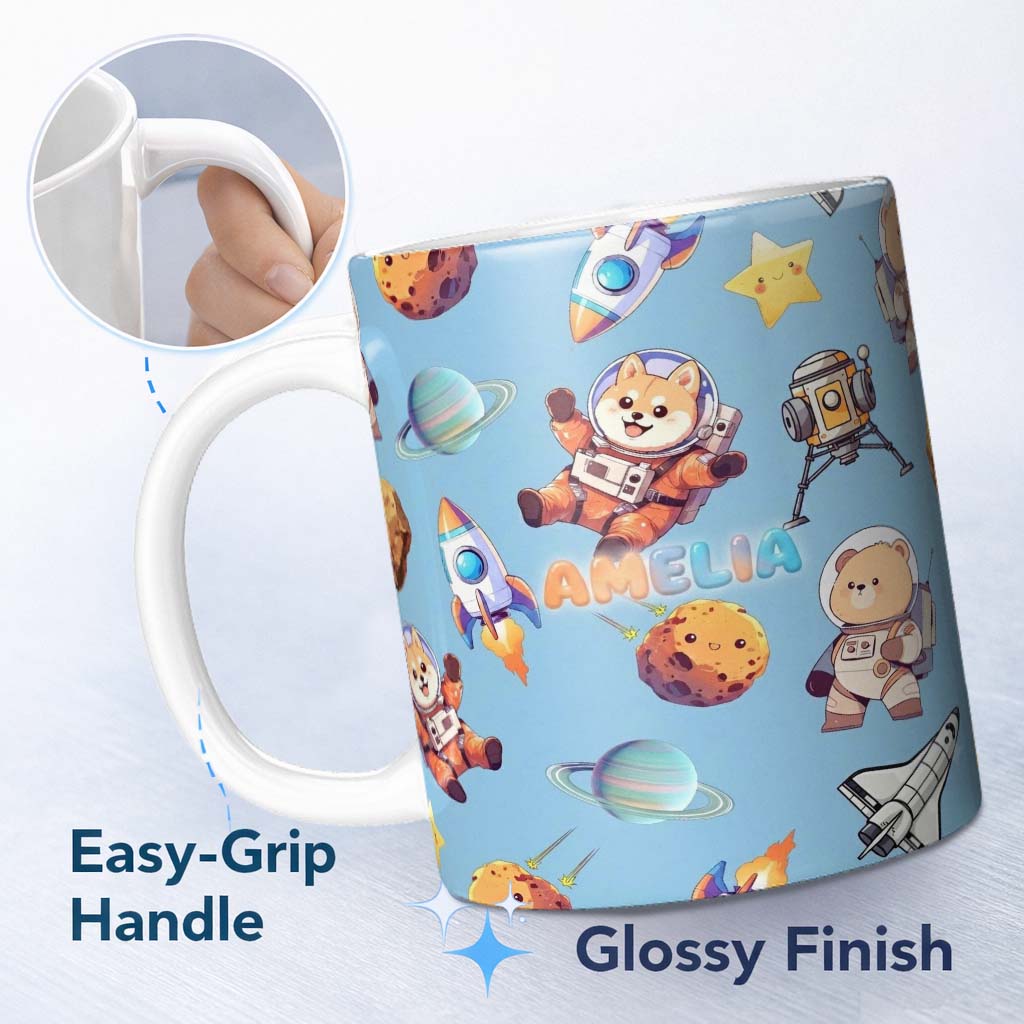 Personalized Custom Name Space Dog Bear Astronaut Rockets Planets Seamless Blue Background 11oz Ceramic Coffee Tea Mug White Large Handle