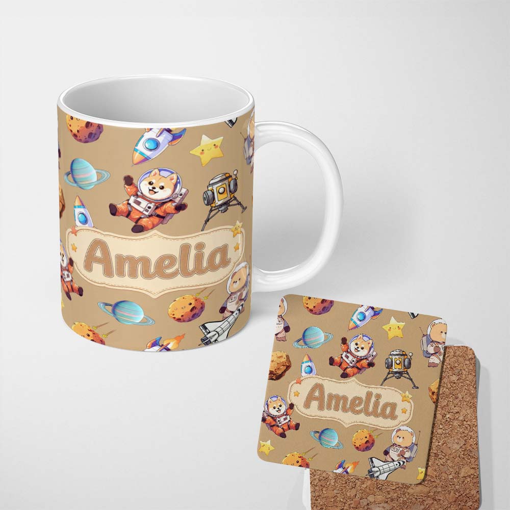 Personalized Custom Name Space Dog Bear Astronaut Rockets Planets Seamless Beige Background 11oz Ceramic Coffee Tea Mug White Large Handle