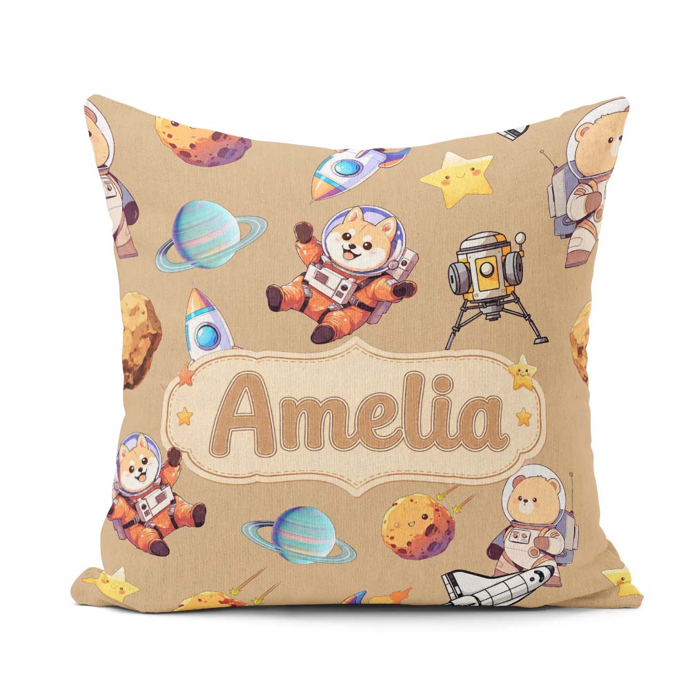 Custom Name Space Dog Bear Astronaut Rockets Seamless Background Square Filled Cushion Throw Pillow Sofa Bed Home Decor Zip Washable UK Made