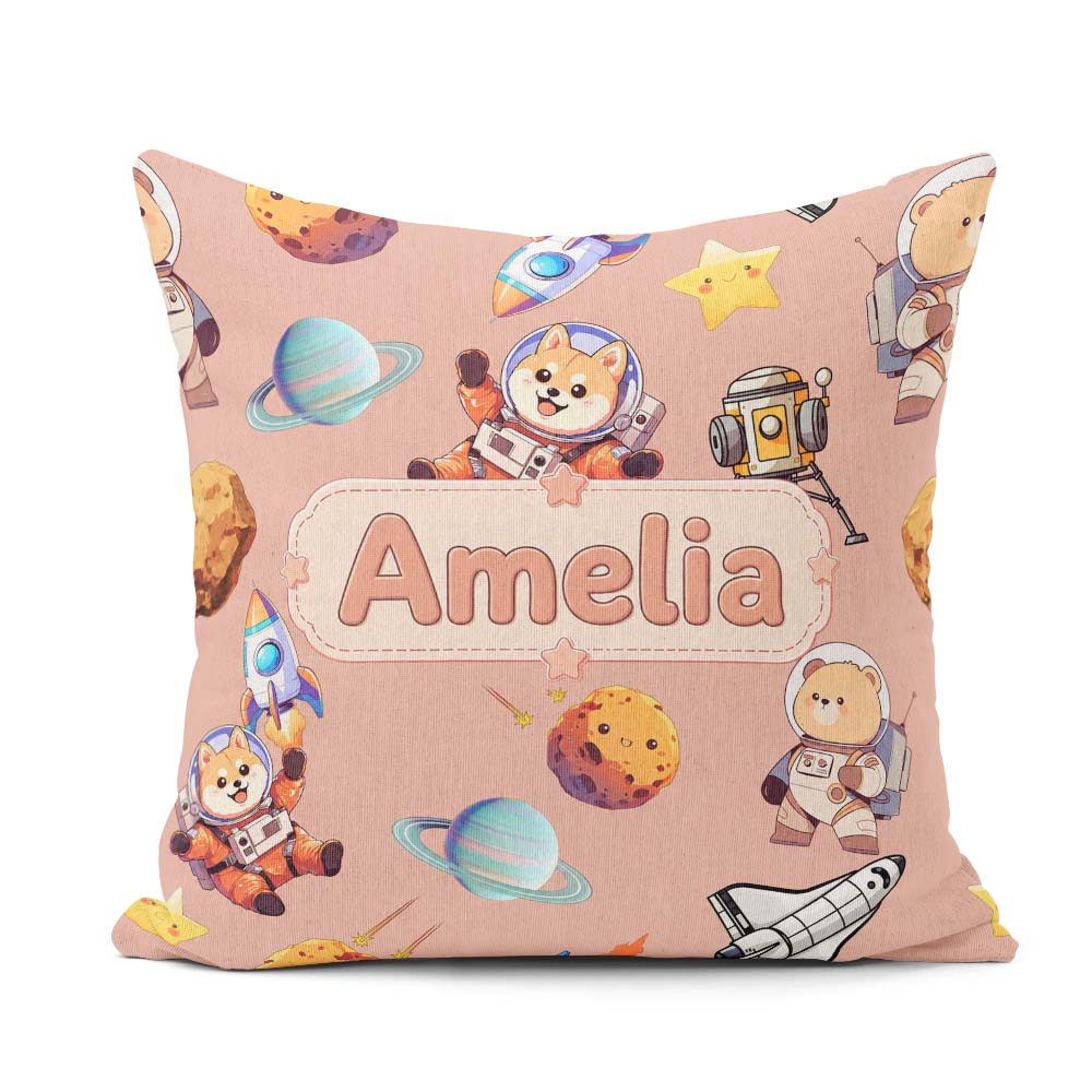 Custom Name Space Dog Bear Astronaut Rockets Seamless Background Square Filled Cushion Throw Pillow Sofa Bed Home Decor Zip Washable UK Made
