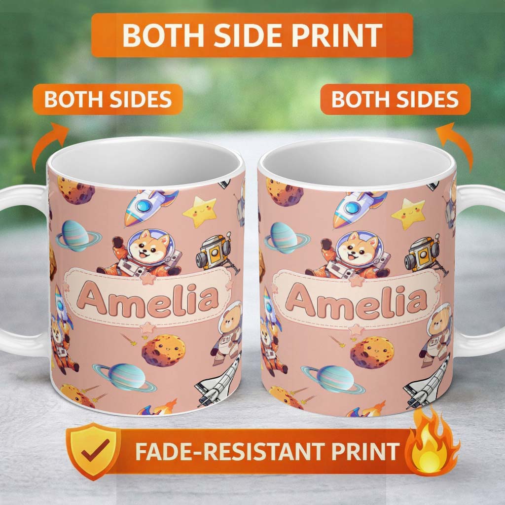 Personalized Custom Name Space Dog Bear Astronaut Rockets Planets Seamless Peach Background 11oz Ceramic Coffee Tea Mug White Large Handle