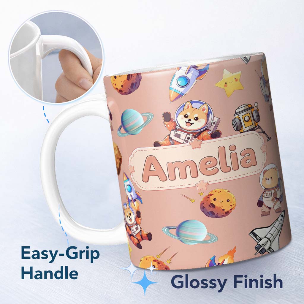 Personalized Custom Name Space Dog Bear Astronaut Rockets Planets Seamless Peach Background 11oz Ceramic Coffee Tea Mug White Large Handle