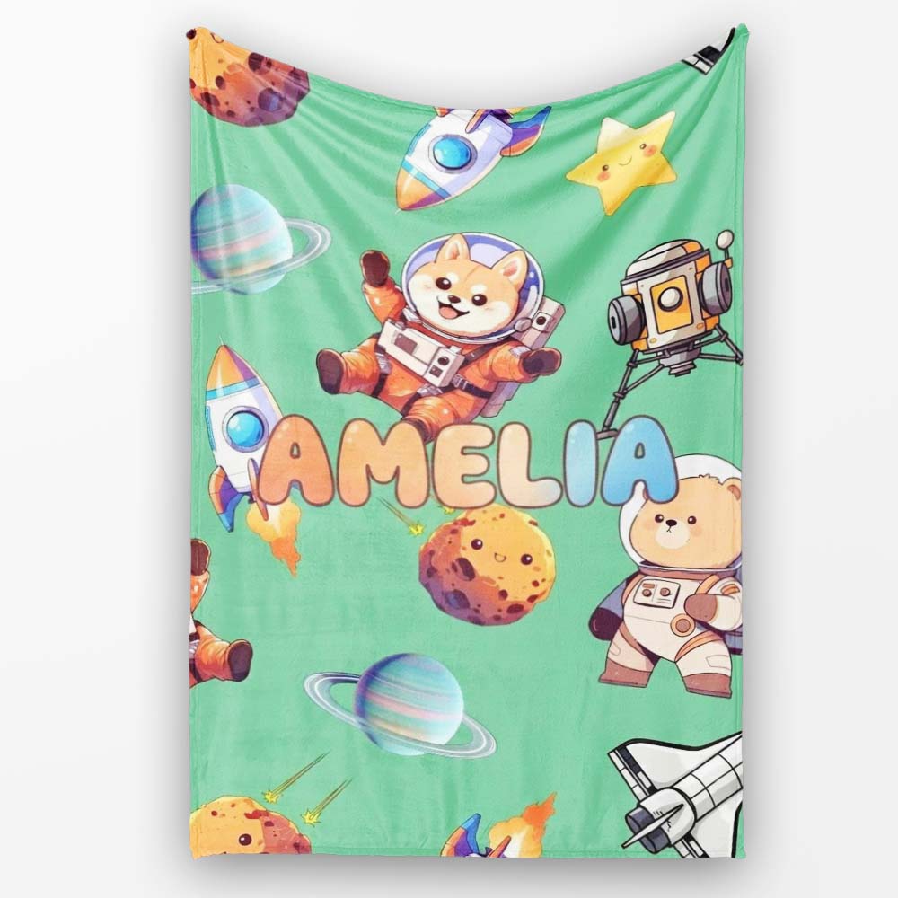Space Dog Bear Astronaut Rockets Planets Seamless Green Background Personalised Custom Name Super Soft Fleece Blanket Bed Sofa Throw