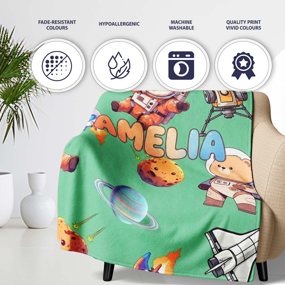 Space Dog Bear Astronaut Rockets Planets Seamless Green Background Personalised Custom Name Super Soft Fleece Blanket Bed Sofa Throw