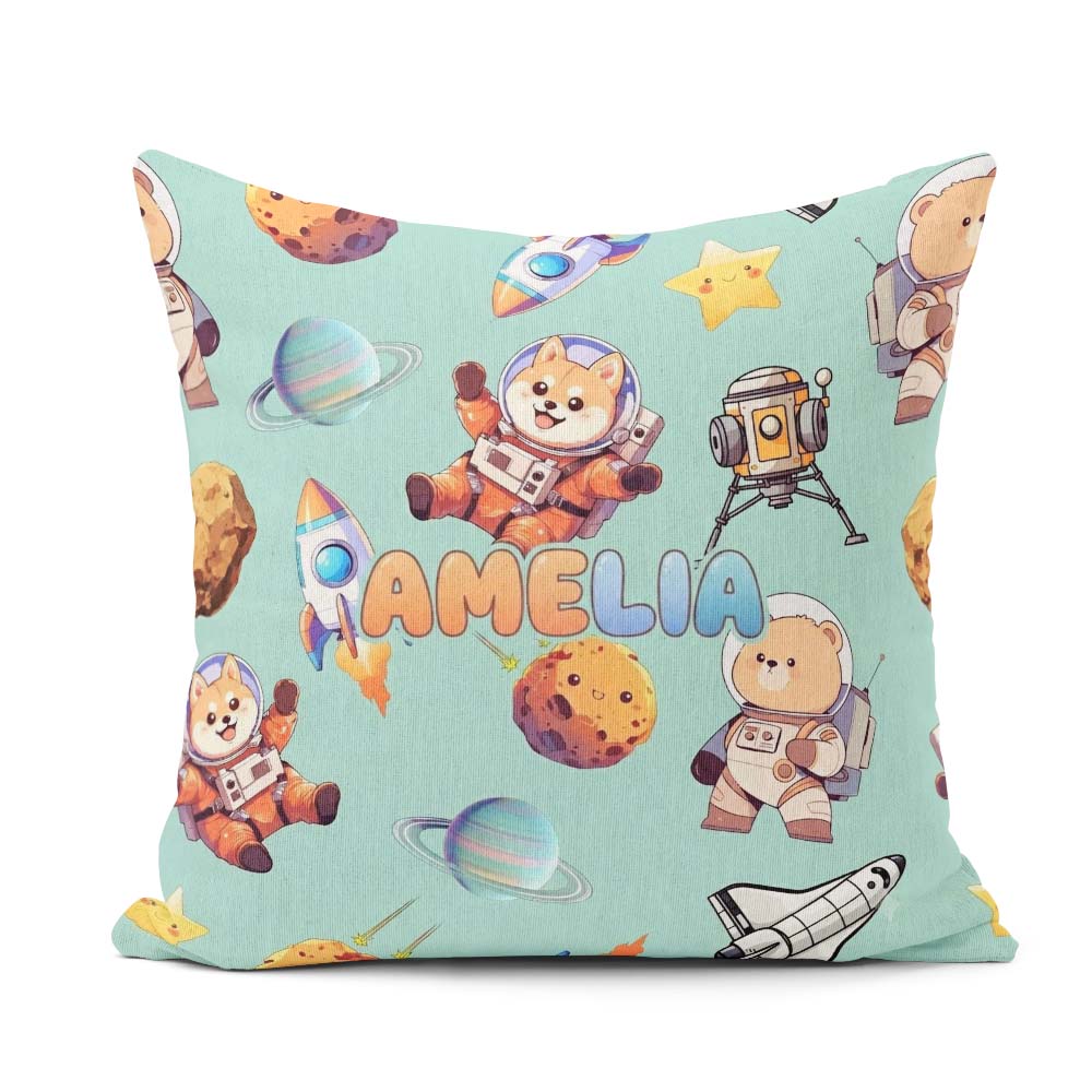 Custom Name Space Dog Bear Astronaut Rockets Seamless Background Square Filled Cushion Throw Pillow Sofa Bed Home Decor Zip Washable UK Made
