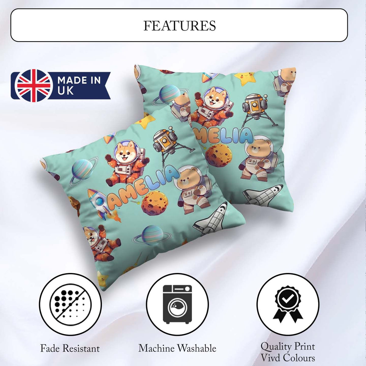 Custom Name Space Dog Bear Astronaut Rockets Seamless Background Square Filled Cushion Throw Pillow Sofa Bed Home Decor Zip Washable UK Made