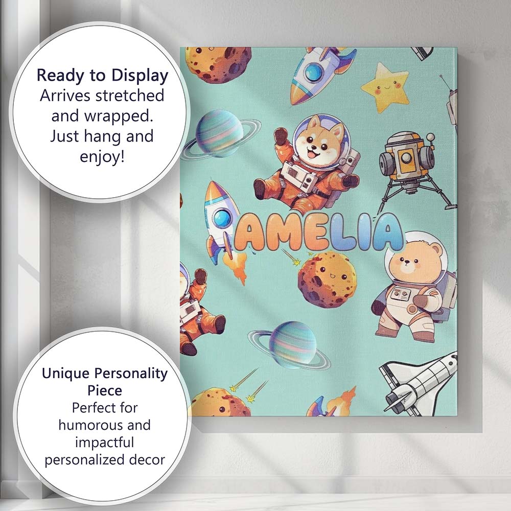 Personalised Name Space Dog Bear Astronaut Custom Unique Gift Idea Elegant Feature Canvas Wall Art Print Decor Picture Ready to Hang