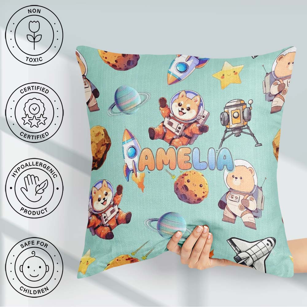 Custom Name Space Dog Bear Astronaut Rockets Seamless Background Square Filled Cushion Throw Pillow Sofa Bed Home Decor Zip Washable UK Made