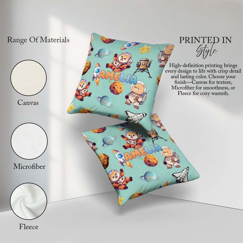 Custom Name Space Dog Bear Astronaut Rockets Seamless Background Square Filled Cushion Throw Pillow Sofa Bed Home Decor Zip Washable UK Made