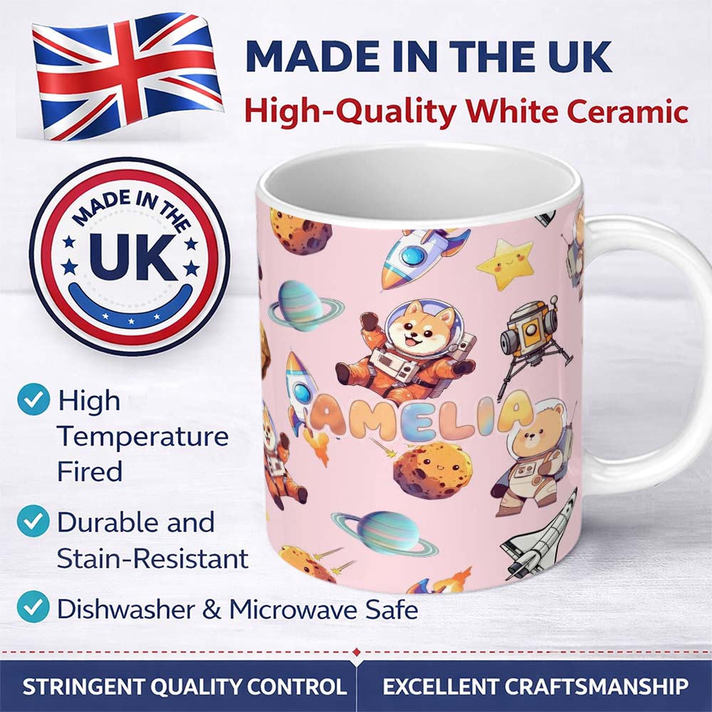 Personalized Custom Name Space Dog Bear Astronaut Rockets Planets Seamless Soft Pink 11oz Ceramic Coffee Tea Mug White Large Handle