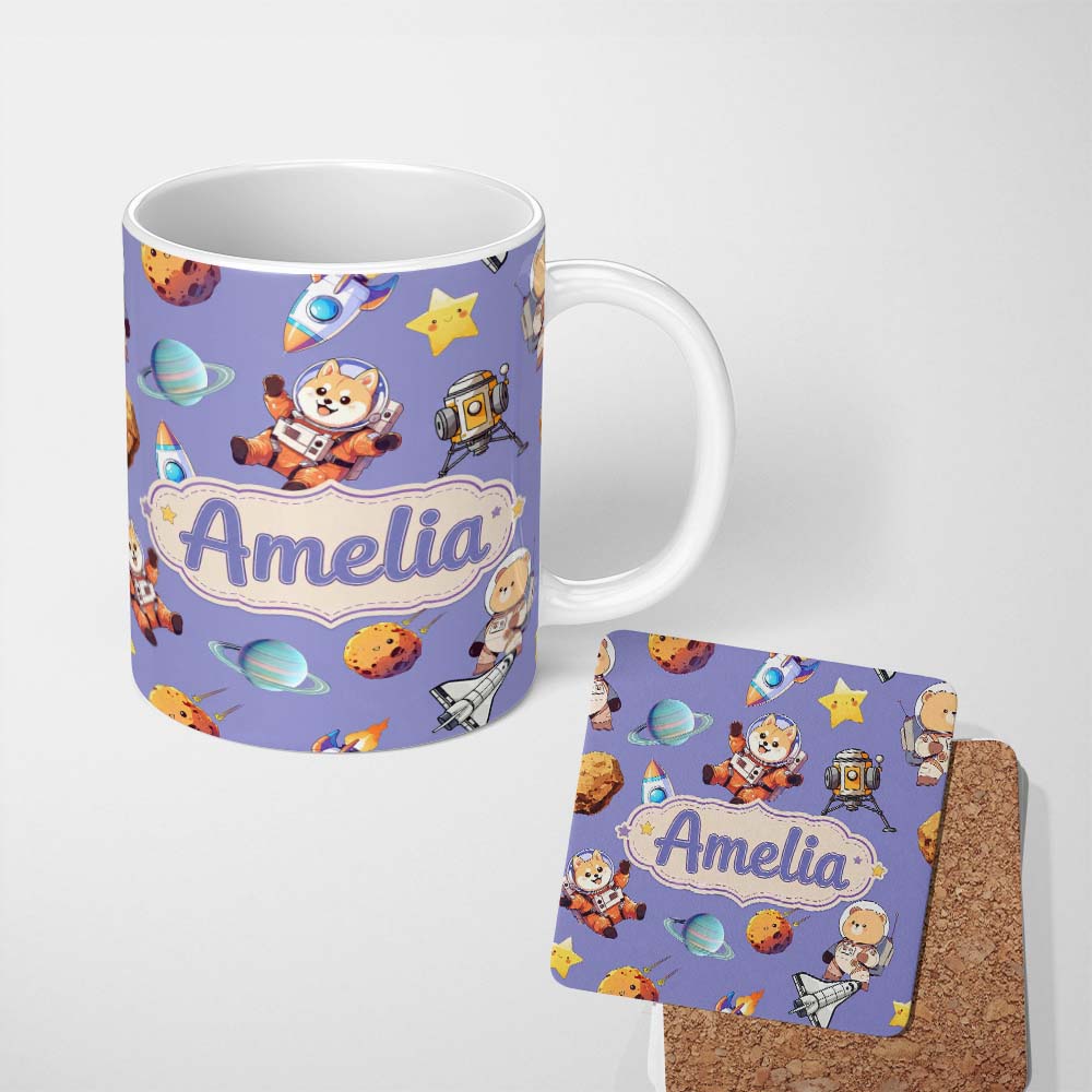 Personalized Custom Name Space Dog Bear Astronaut Rockets Planets Seamless Lavender 11oz Ceramic Coffee Tea Mug White Large Handle