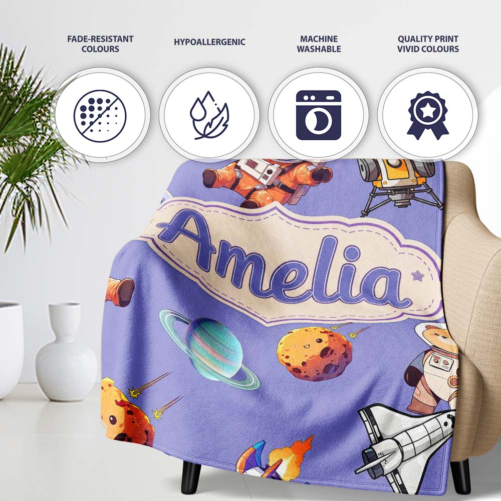 Space Dog Bear Astronaut Rockets Planets Seamless Lavender Personalised Custom Name Super Soft Fleece Blanket Bed Sofa Throw