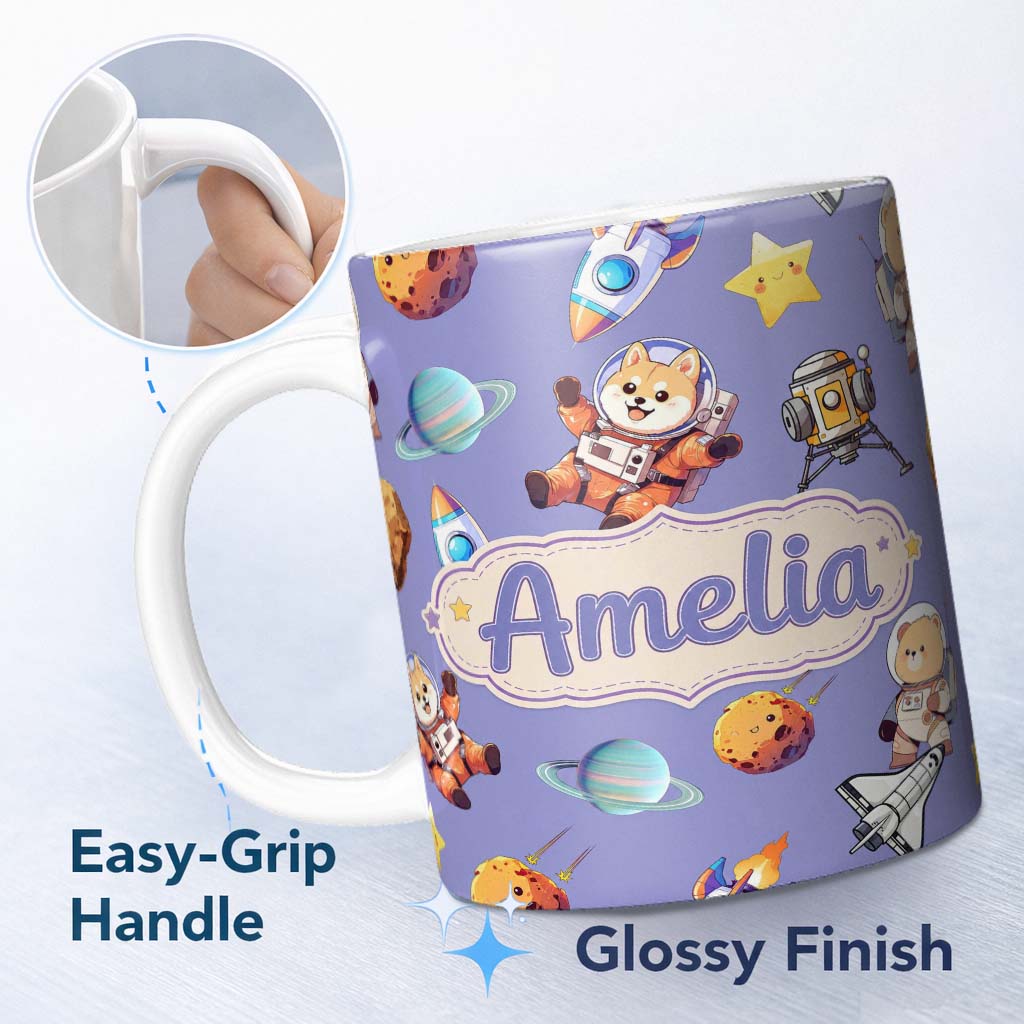 Personalized Custom Name Space Dog Bear Astronaut Rockets Planets Seamless Lavender 11oz Ceramic Coffee Tea Mug White Large Handle