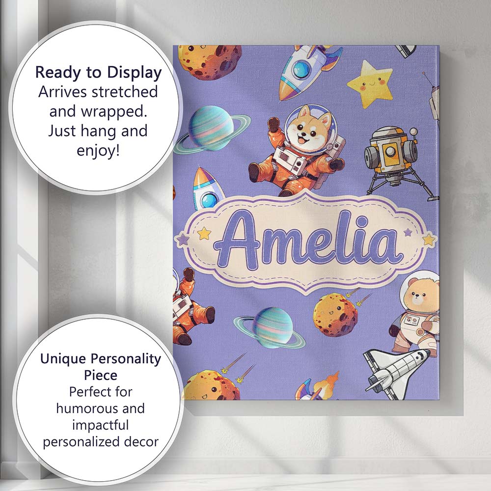 Personalised Name Space Dog Bear Astronaut Custom Unique Gift Idea Elegant Feature Canvas Wall Art Print Decor Picture Ready to Hang