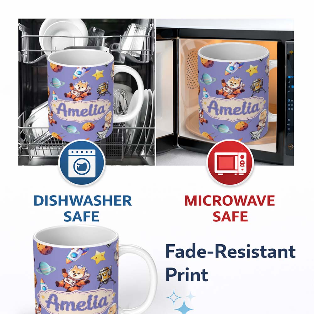 Personalized Custom Name Space Dog Bear Astronaut Rockets Planets Seamless Lavender 11oz Ceramic Coffee Tea Mug White Large Handle