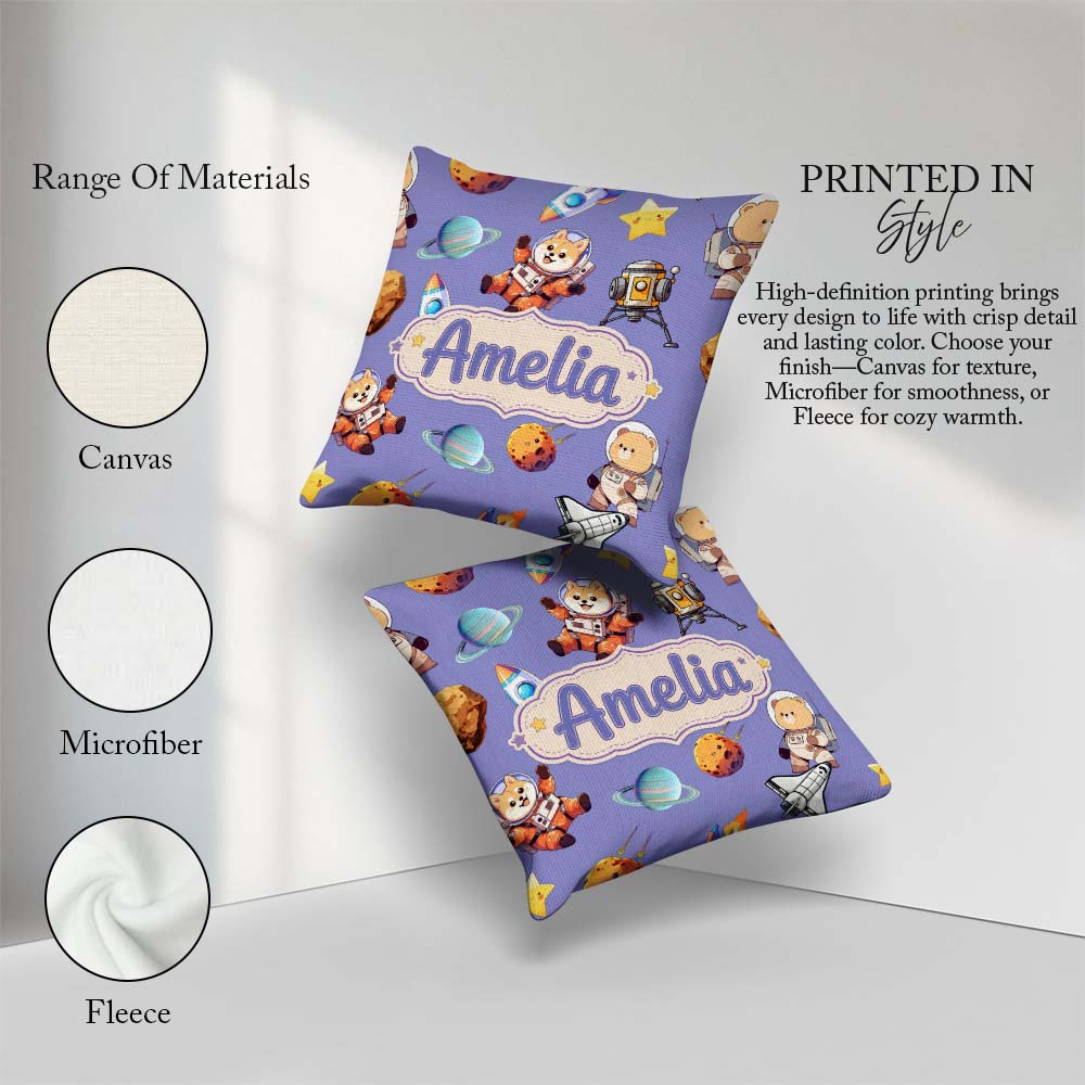 Custom Name Dog Bear Astronaut Rockets Planets Seamless Lavender Square Filled Cushion Throw Pillow Sofa Bed Home Decor Zip Washable UK Made