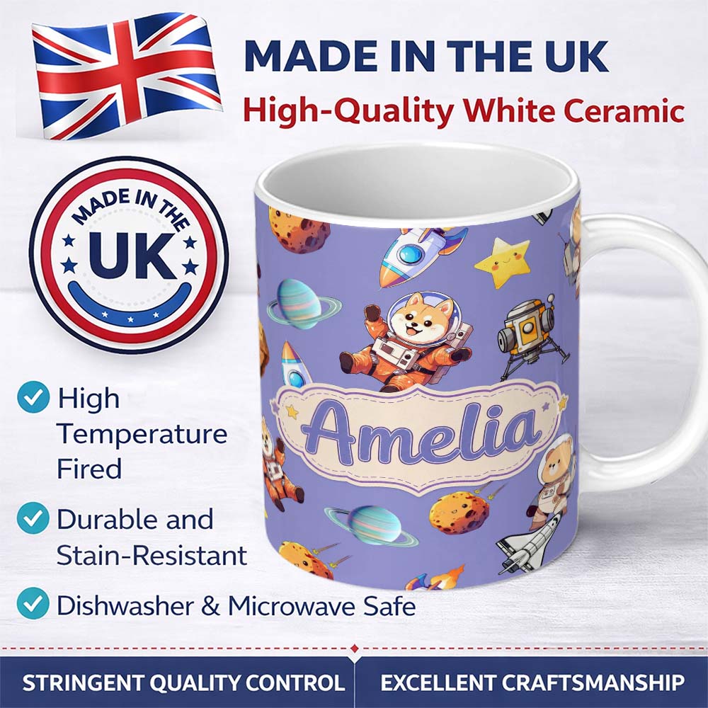 Personalized Custom Name Space Dog Bear Astronaut Rockets Planets Seamless Lavender 11oz Ceramic Coffee Tea Mug White Large Handle