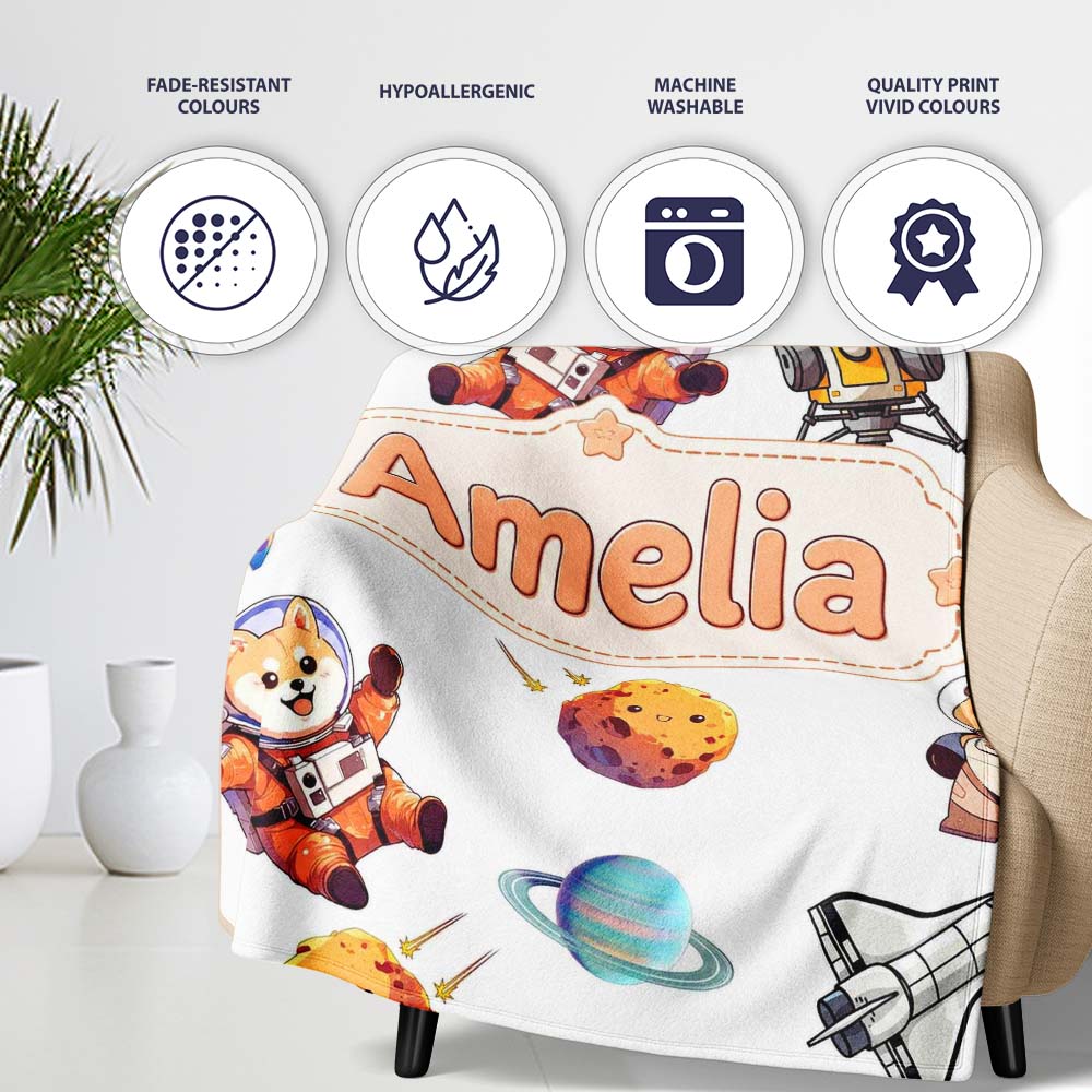 Space Dog Bear Astronaut Rockets Planets Seamless Light Grey Personalised Custom Name Super Soft Fleece Blanket Bed Sofa Throw